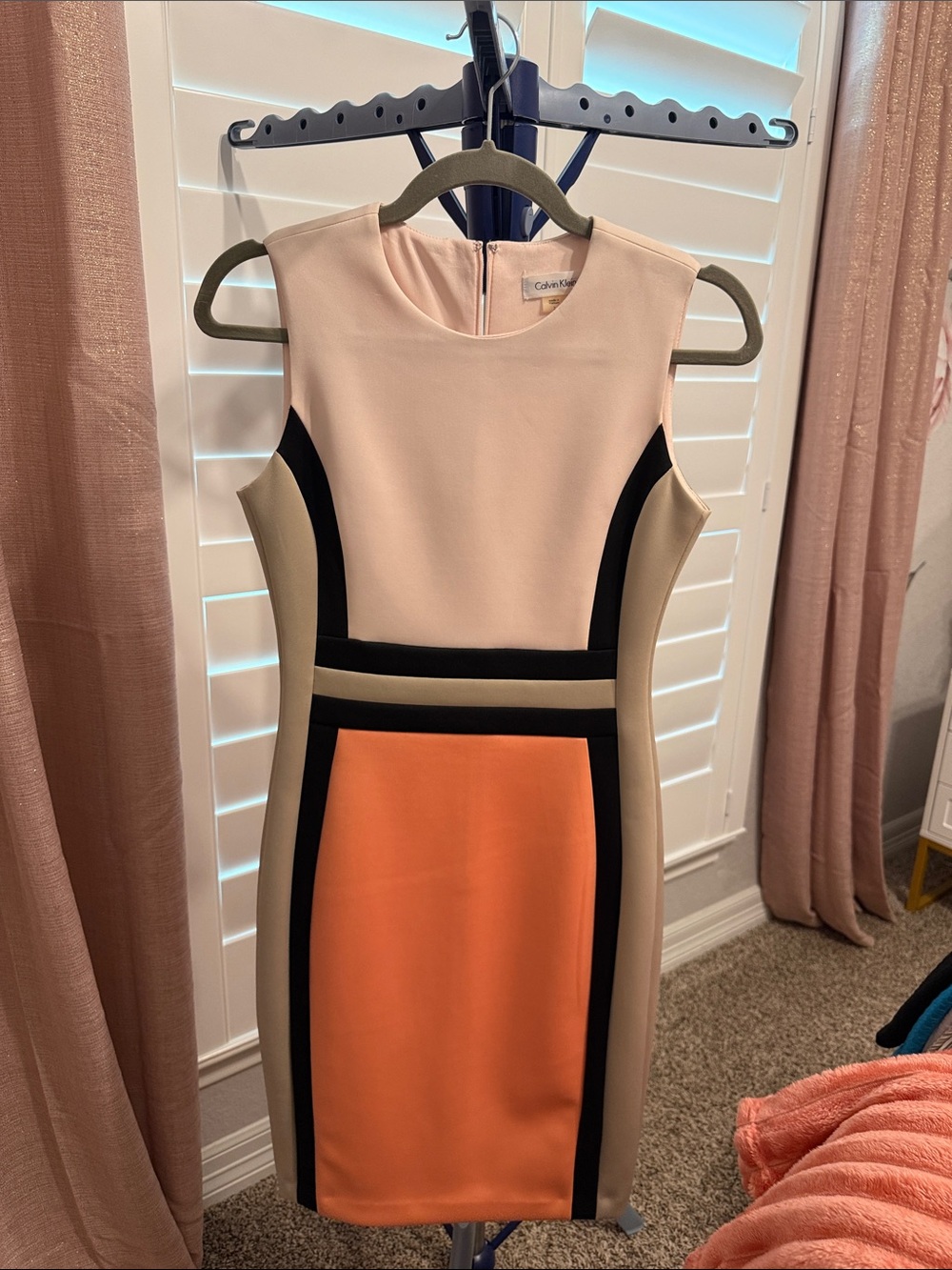 Calvin Klein Colorblock Midi Dress in Peach, Coral and Black